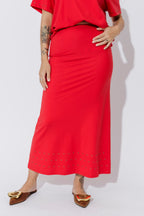 Red Tencel Embellished Skirt