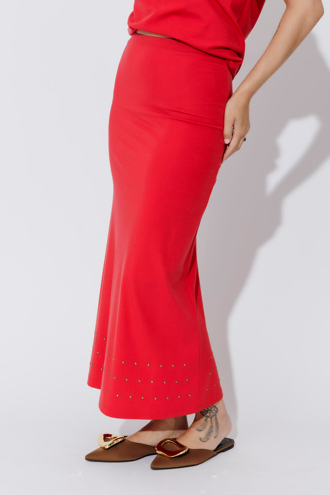 Red Tencel Embellished Skirt