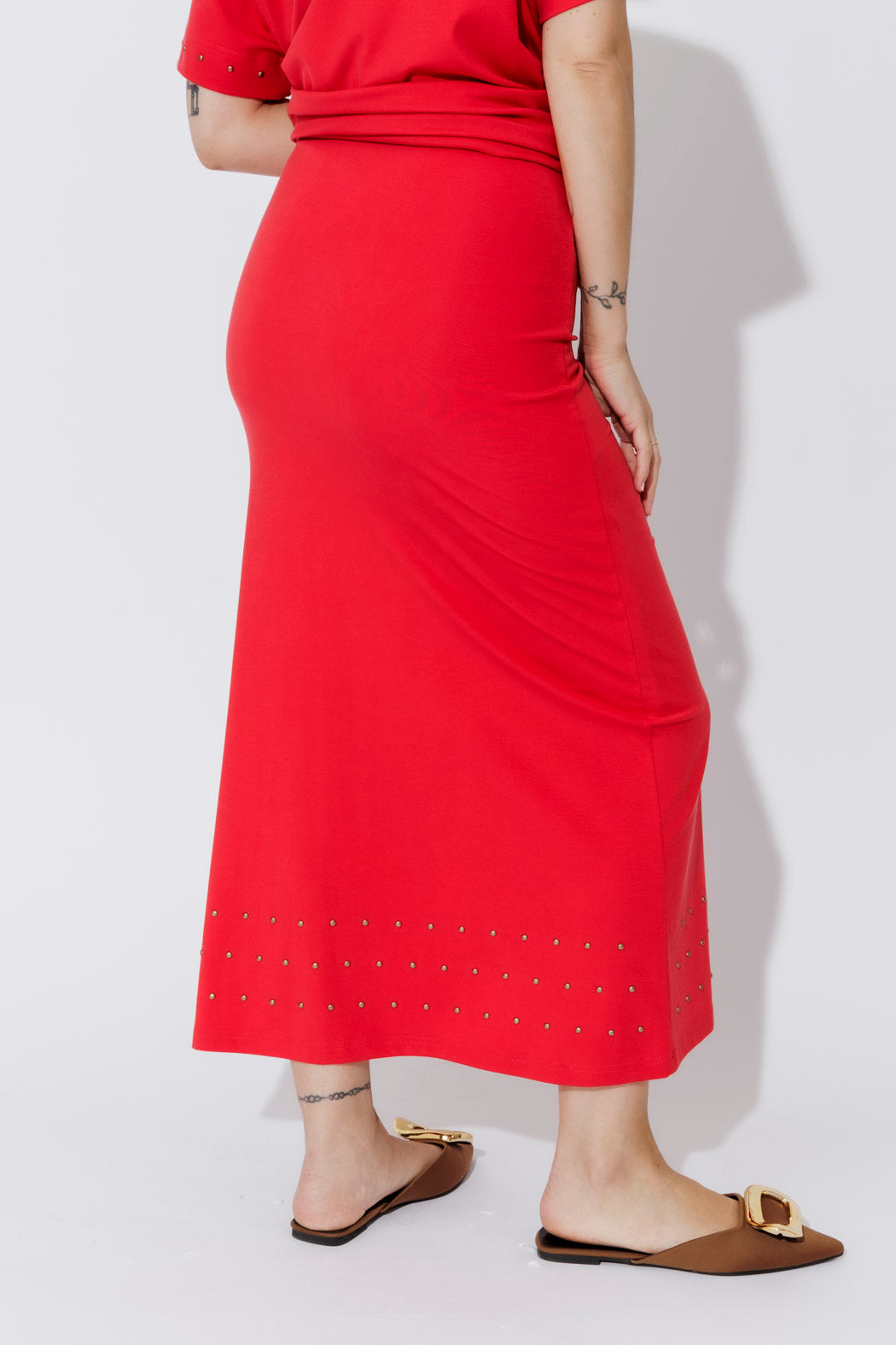 Red Tencel Embellished Skirt