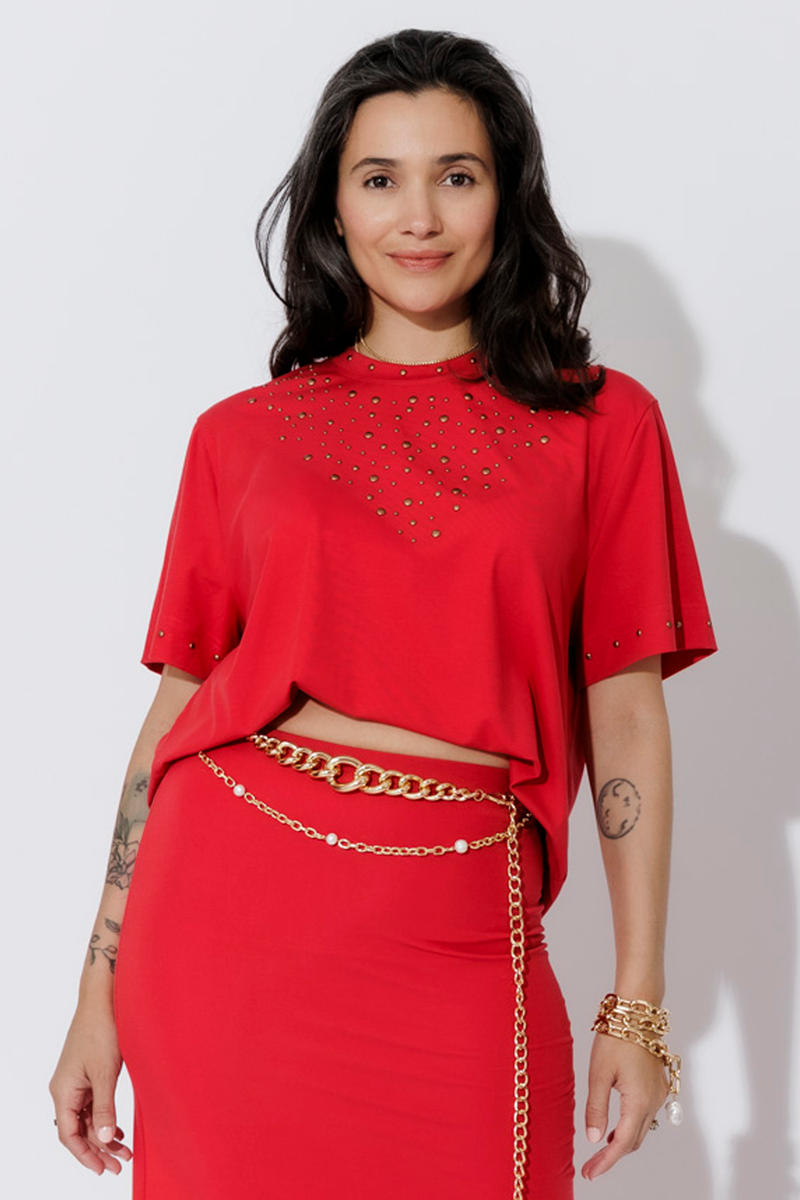 Red Tencel Embellished T-Shirt