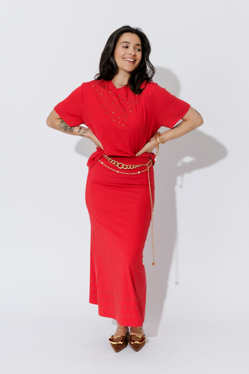 Red Tencel Embellished Skirt