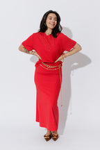 Red Tencel Embellished Skirt
