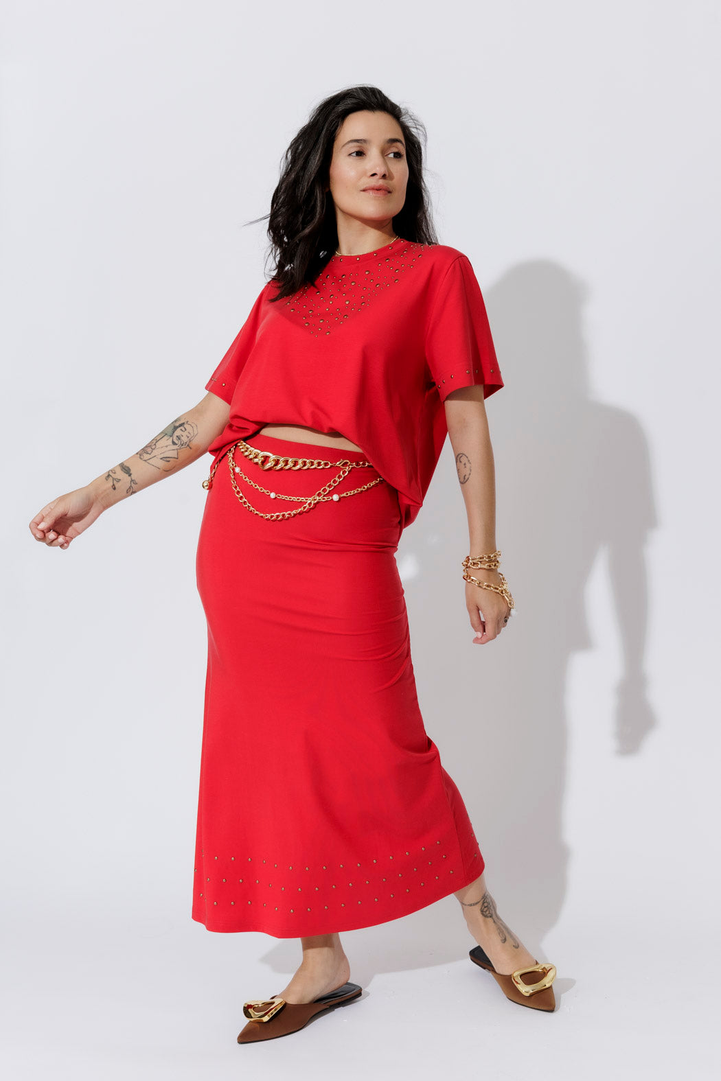 Red Tencel Embellished Skirt