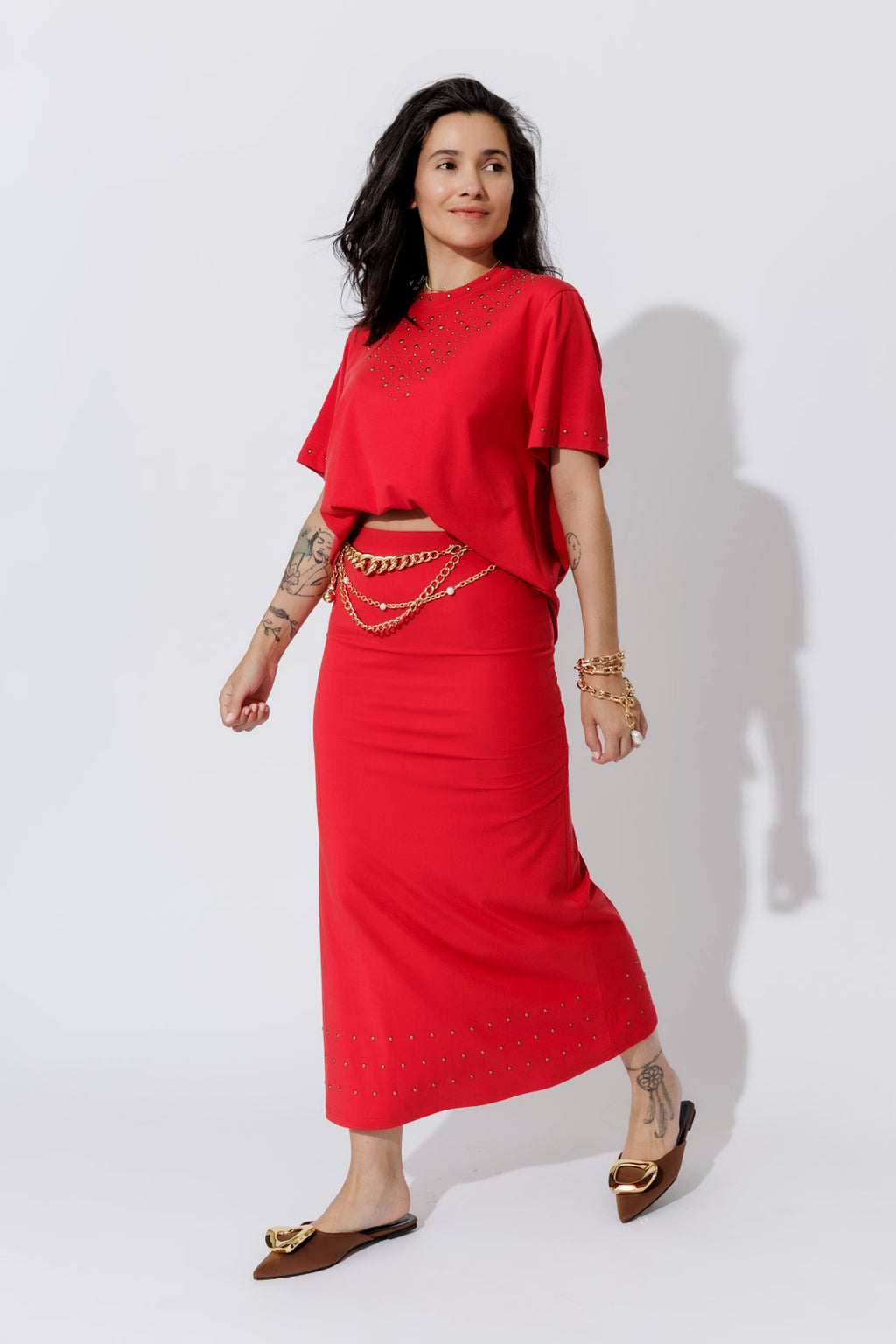 Red Tencel Embellished Skirt
