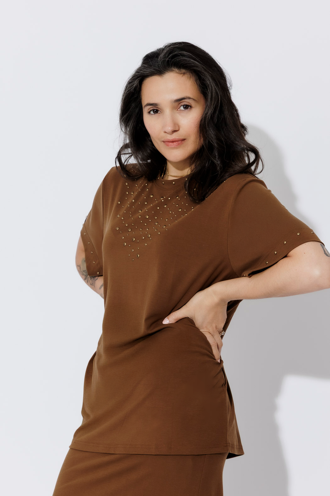 Chestnut Tencel Embellished T-Shirt