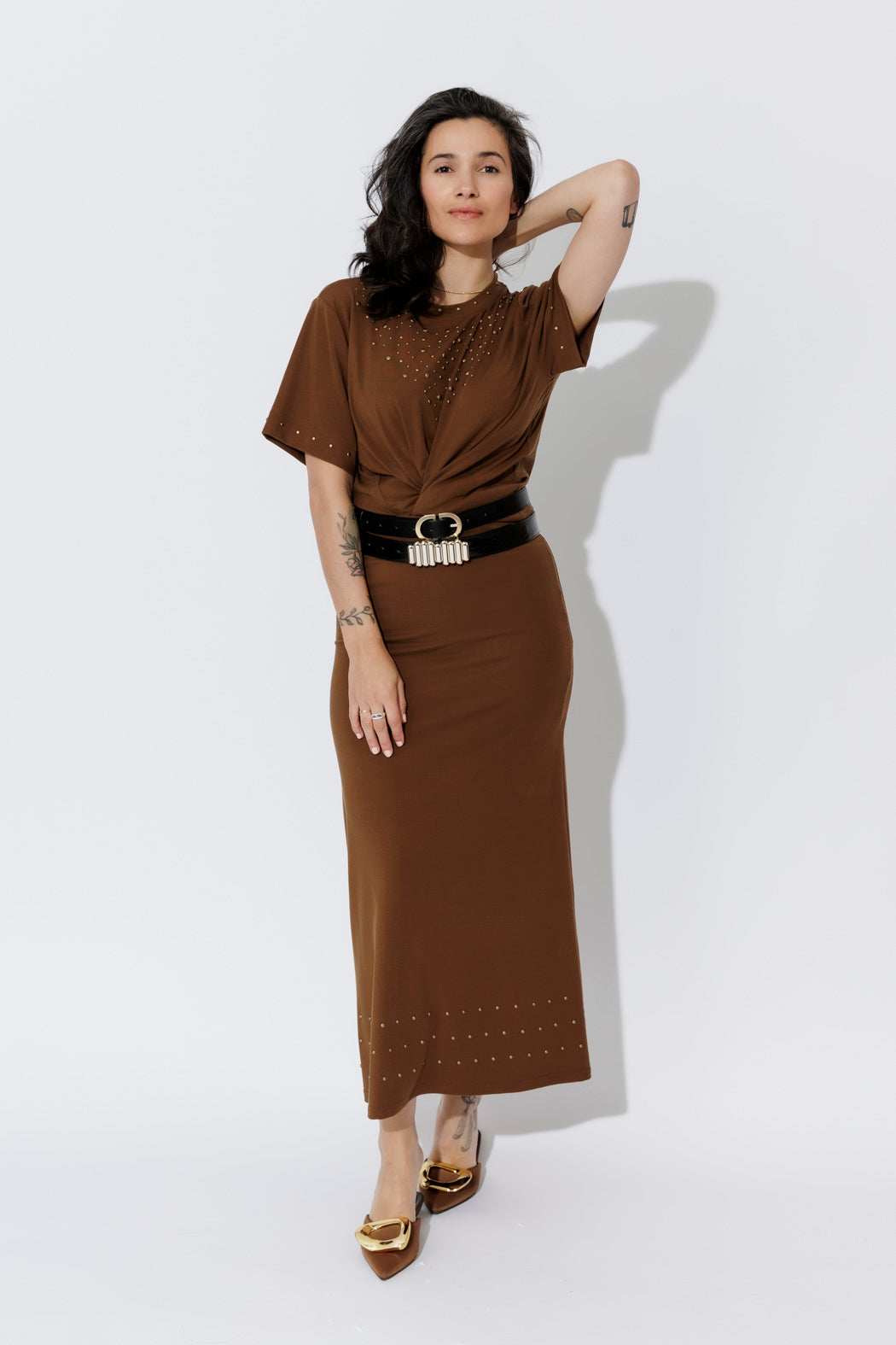 Chestnut Tencel Embellished T-Shirt