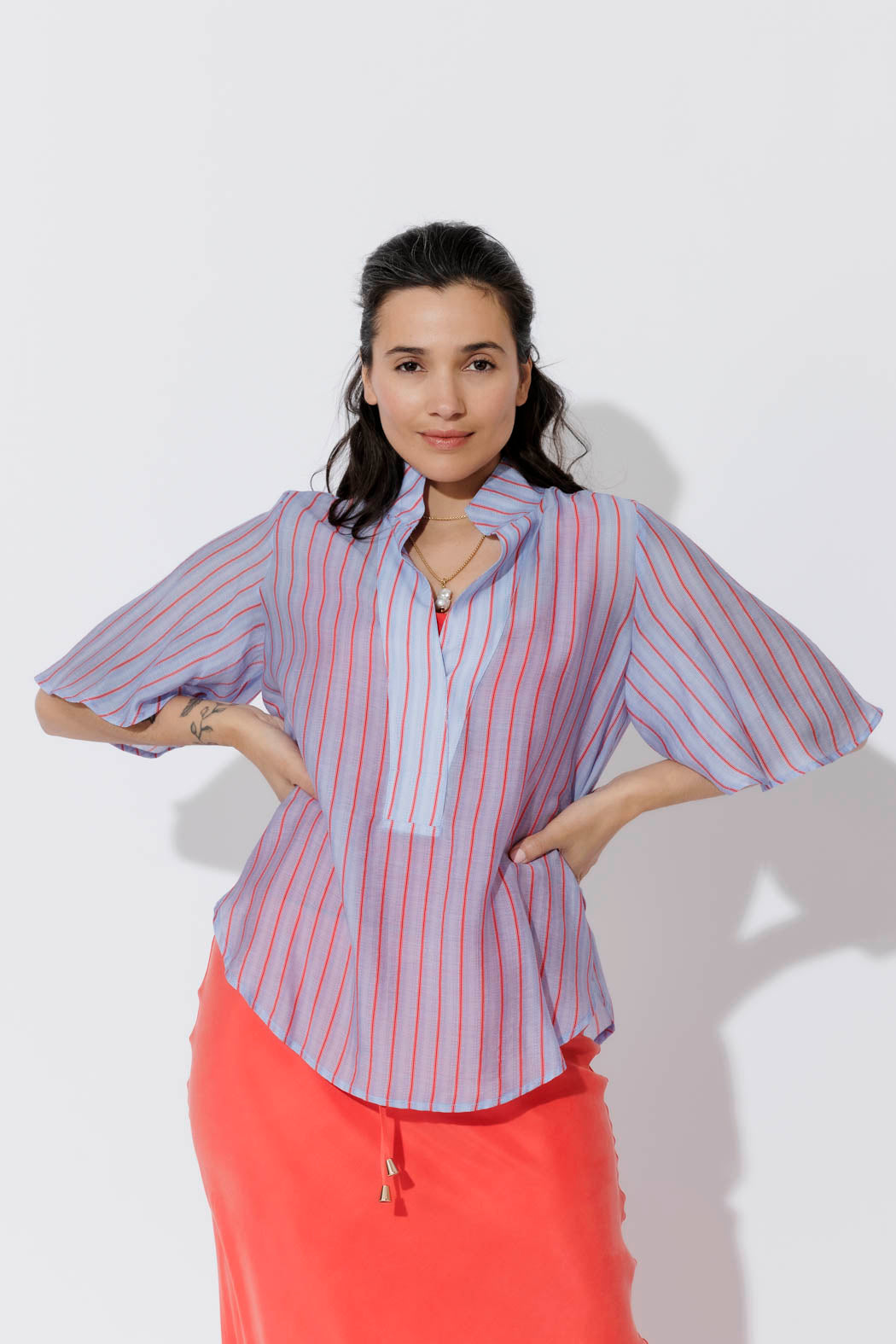 Red/Blue Lyocell Fluted Blogger Shirt
