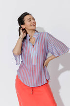 Red/Blue Lyocell Fluted Blogger Shirt