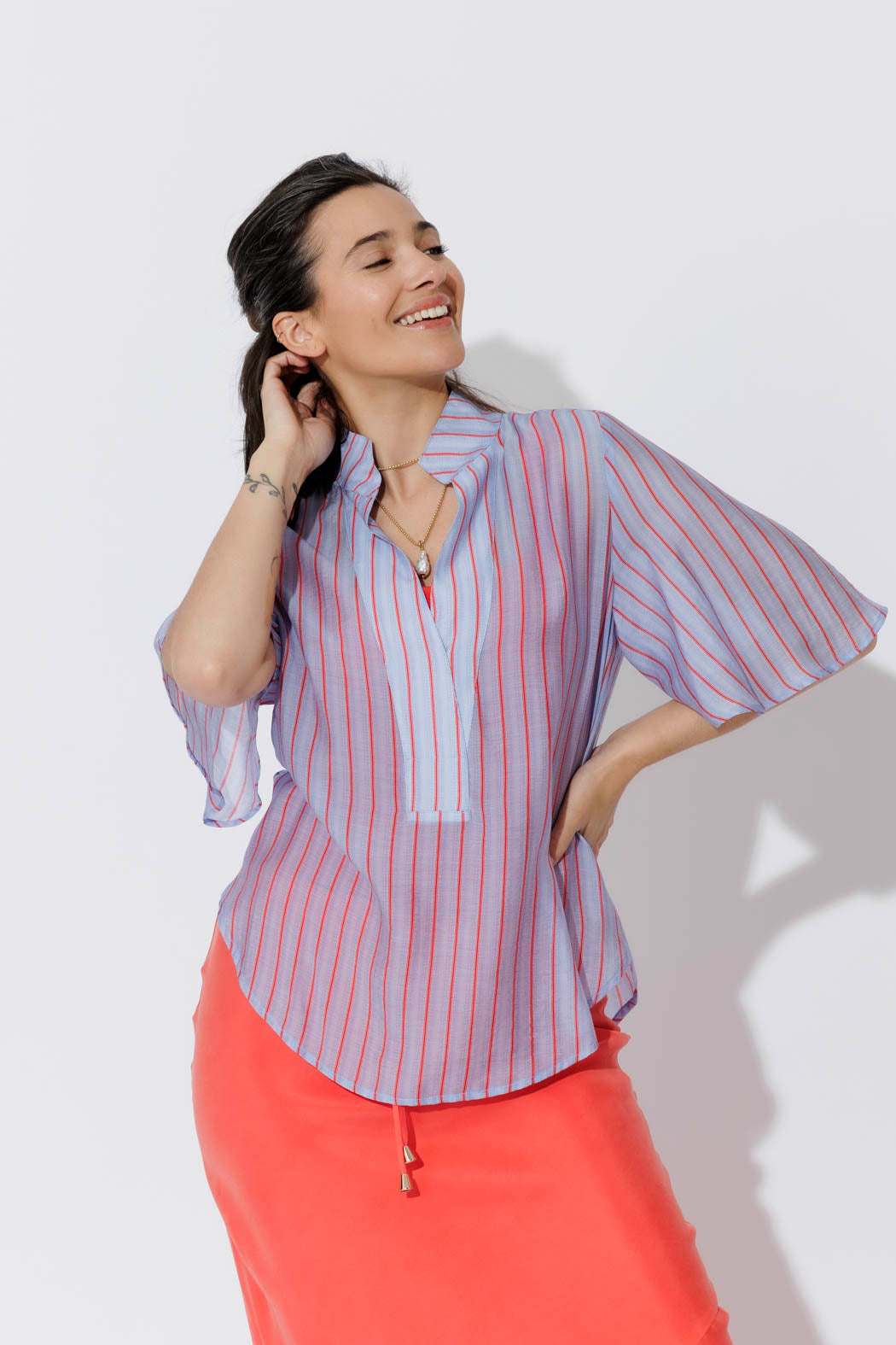 Red/Blue Lyocell Fluted Blogger Shirt
