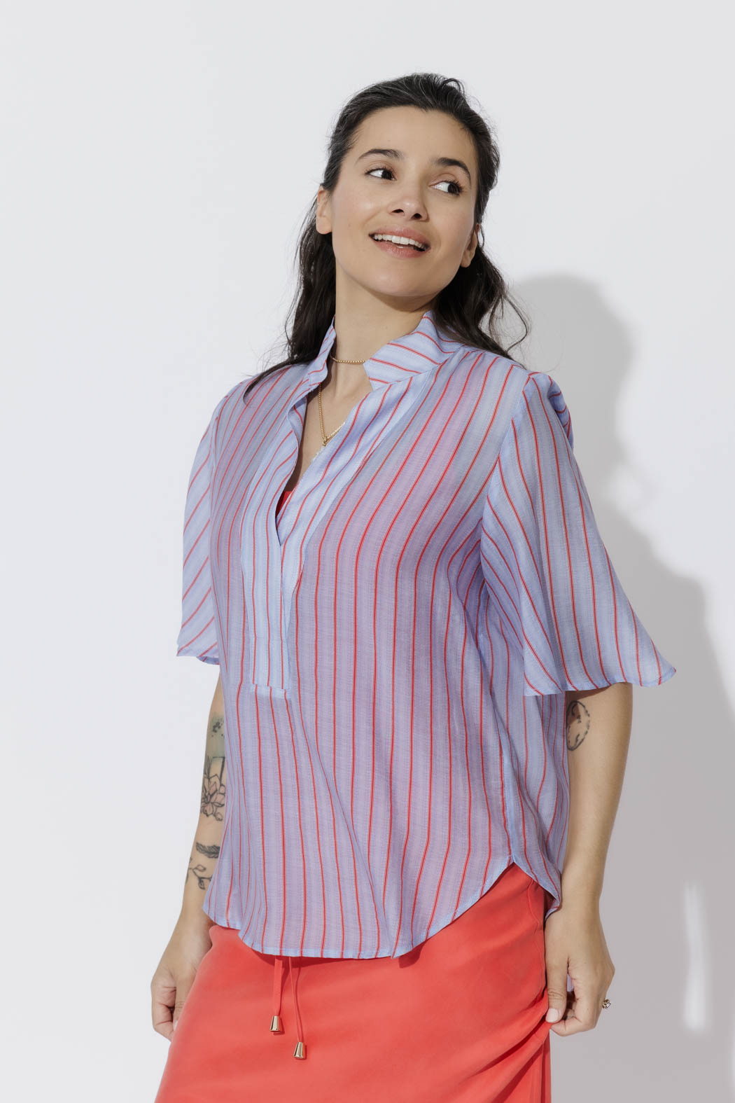 Red/Blue Lyocell Fluted Blogger Shirt