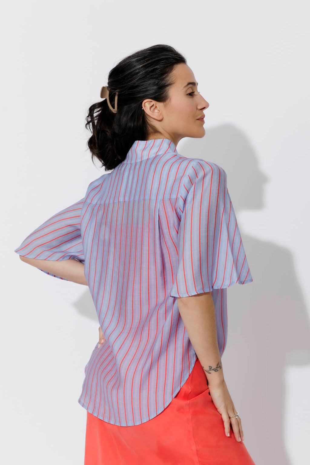 Red/Blue Lyocell Fluted Blogger Shirt