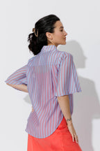 Red/Blue Lyocell Fluted Blogger Shirt
