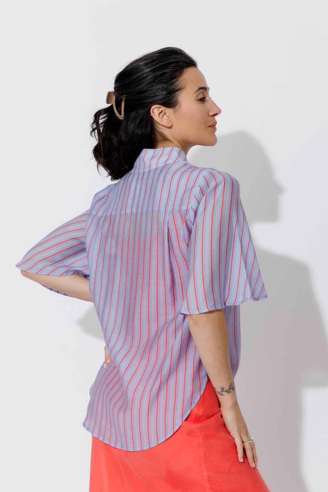 Red/Blue Lyocell Fluted Blogger Shirt