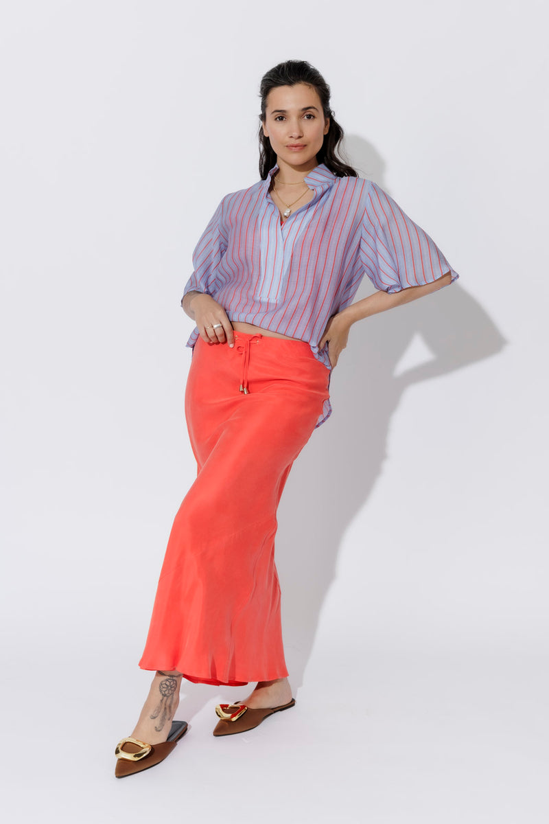 Red/Blue Lyocell Fluted Blogger Shirt