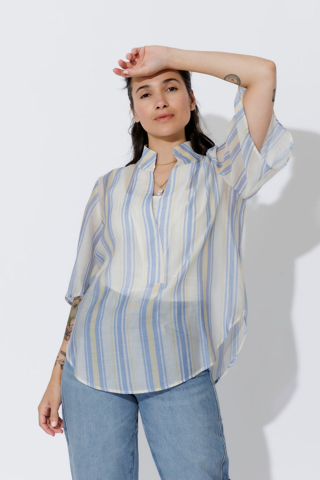 Yellow/Blue Lyocell Fluted Blogger Shirt