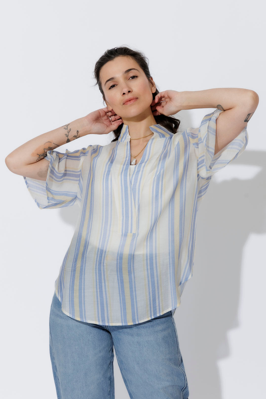 Yellow/Blue Lyocell Fluted Blogger Shirt