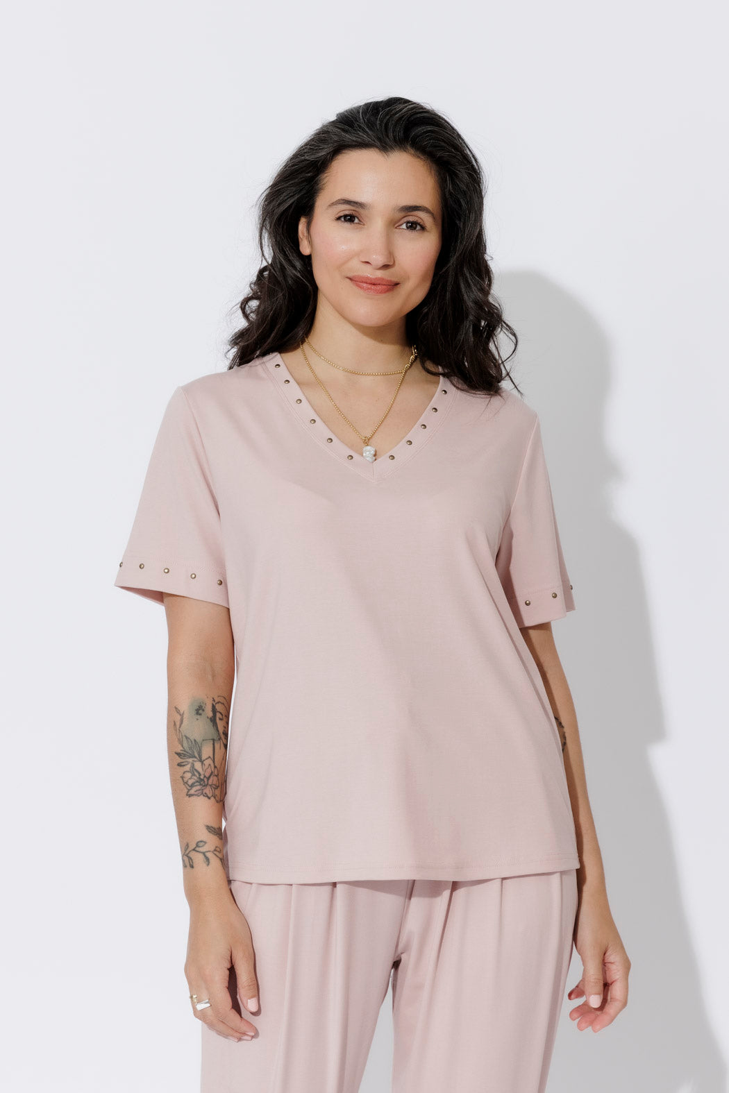 Pink Tencel V-Neck T-Shirt