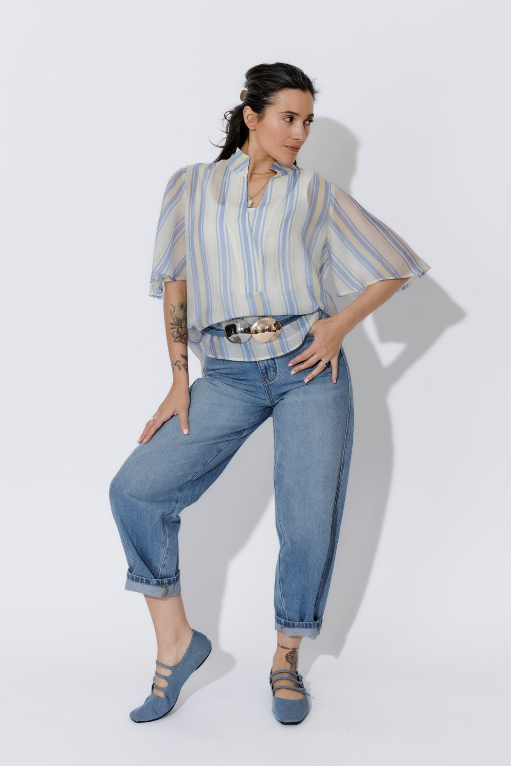 Yellow/Blue Lyocell Fluted Blogger Shirt