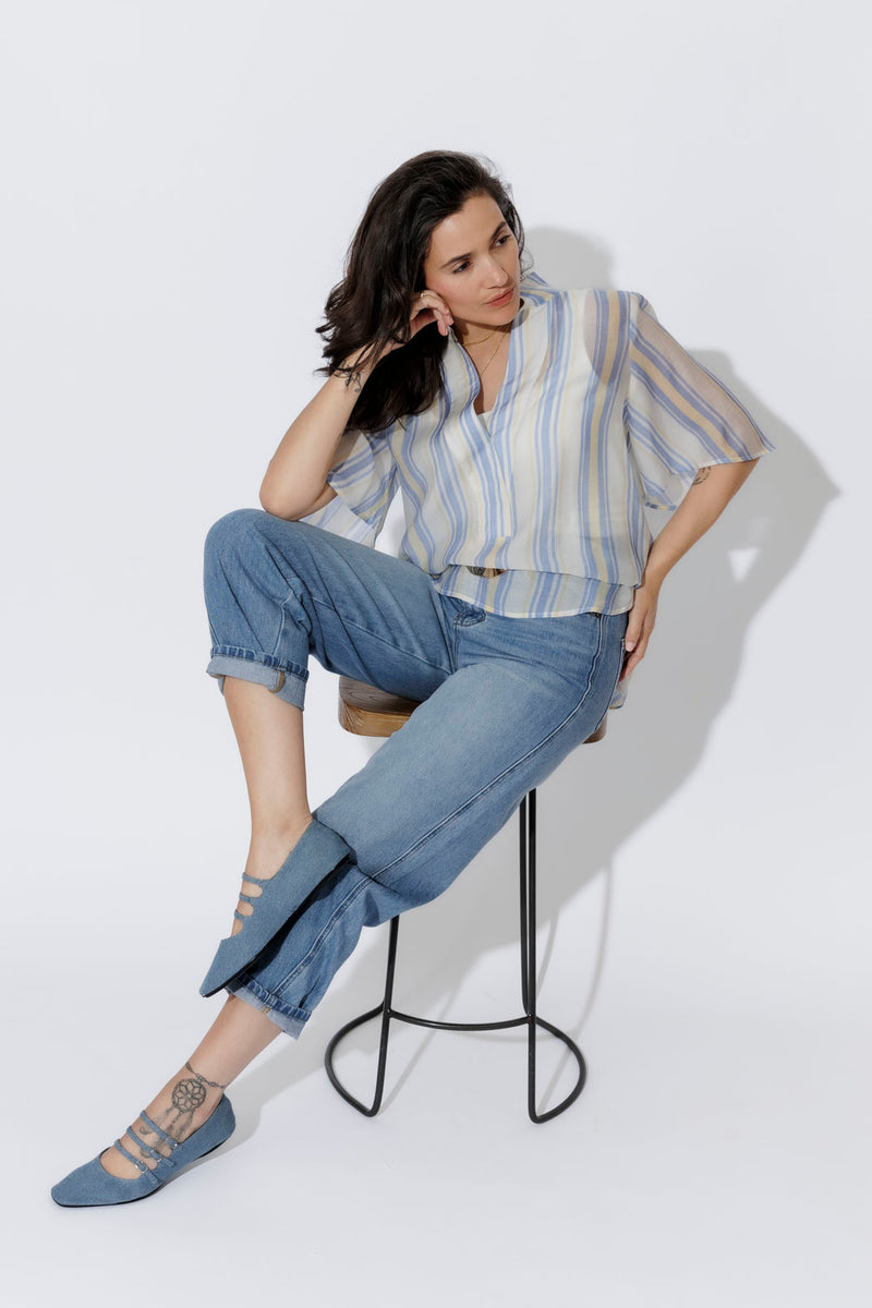 Yellow/Blue Lyocell Fluted Blogger Shirt