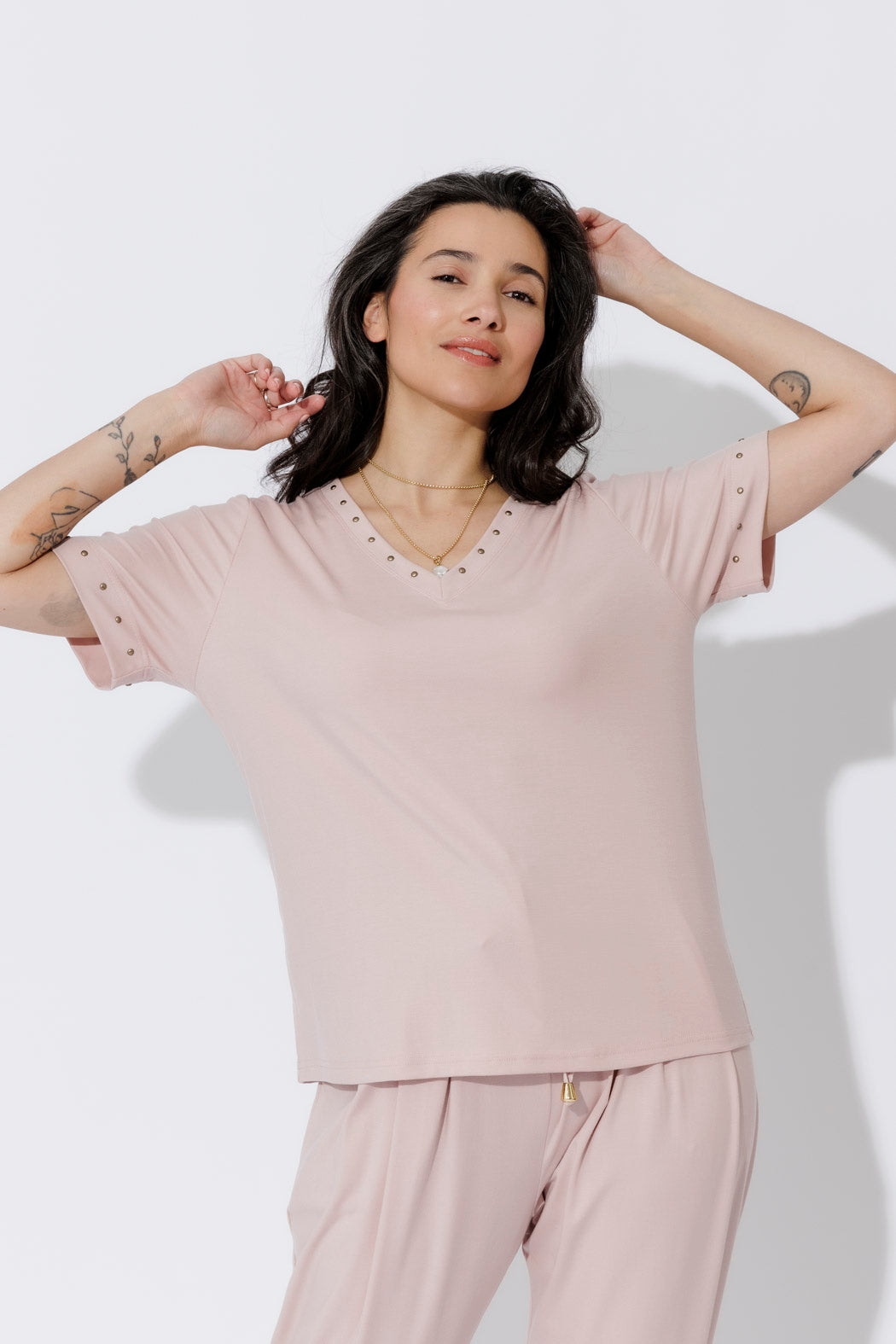 Pink Tencel V-Neck T-Shirt