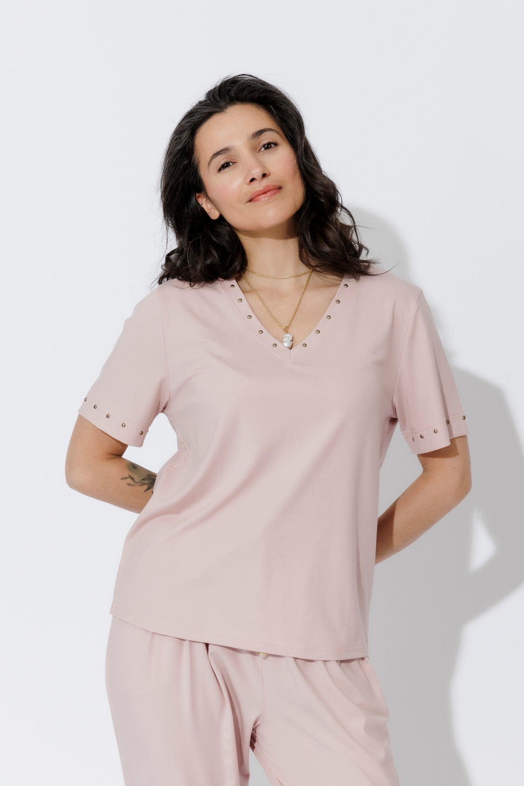 Pink Tencel V-Neck T-Shirt