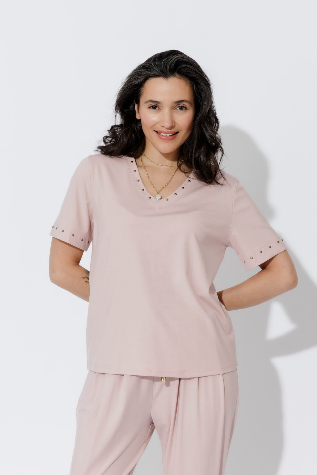 Pink Tencel V-Neck T-Shirt