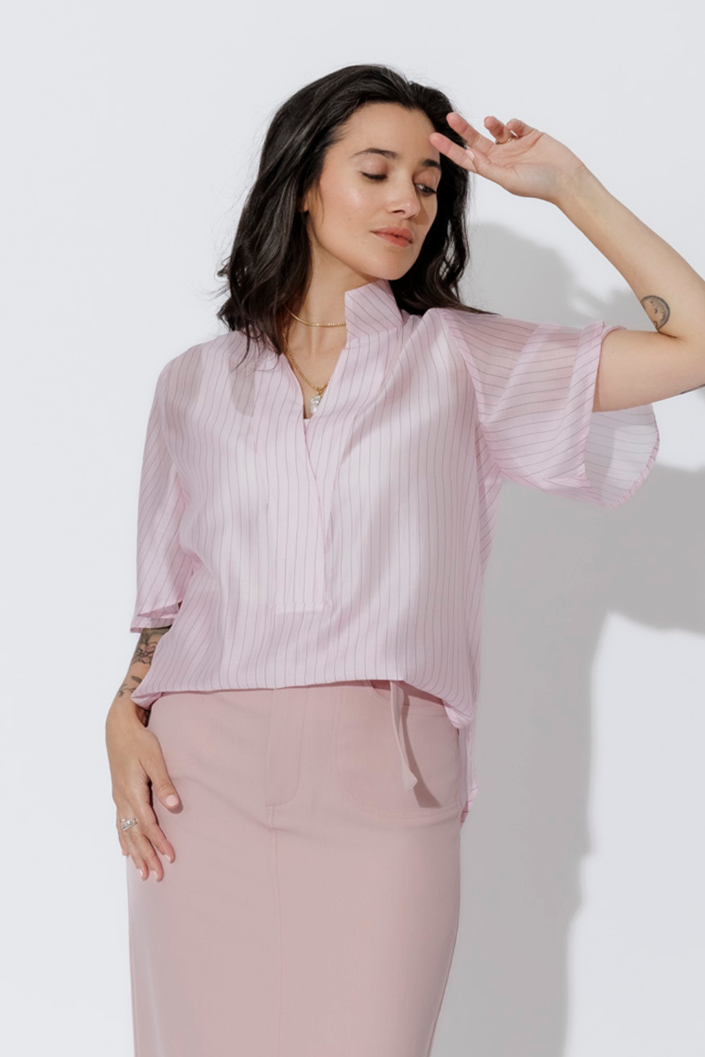 Pale Pink Lyocell Fluted Blogger Shirt