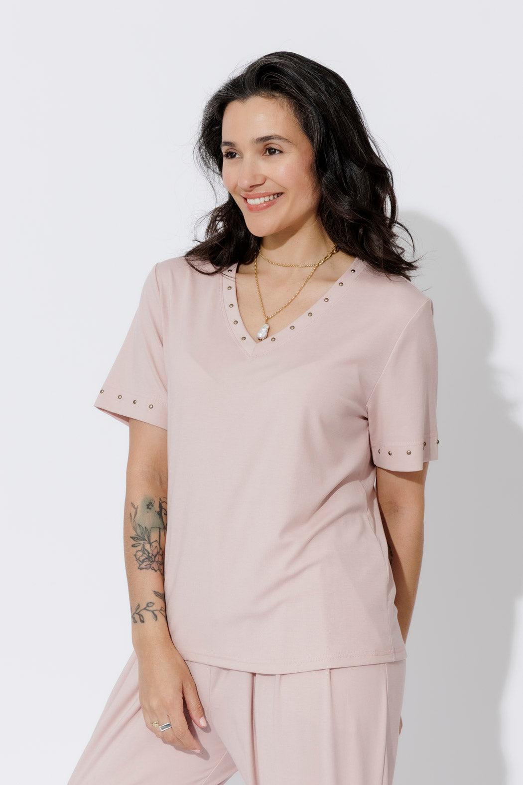 Pink Tencel V-Neck T-Shirt