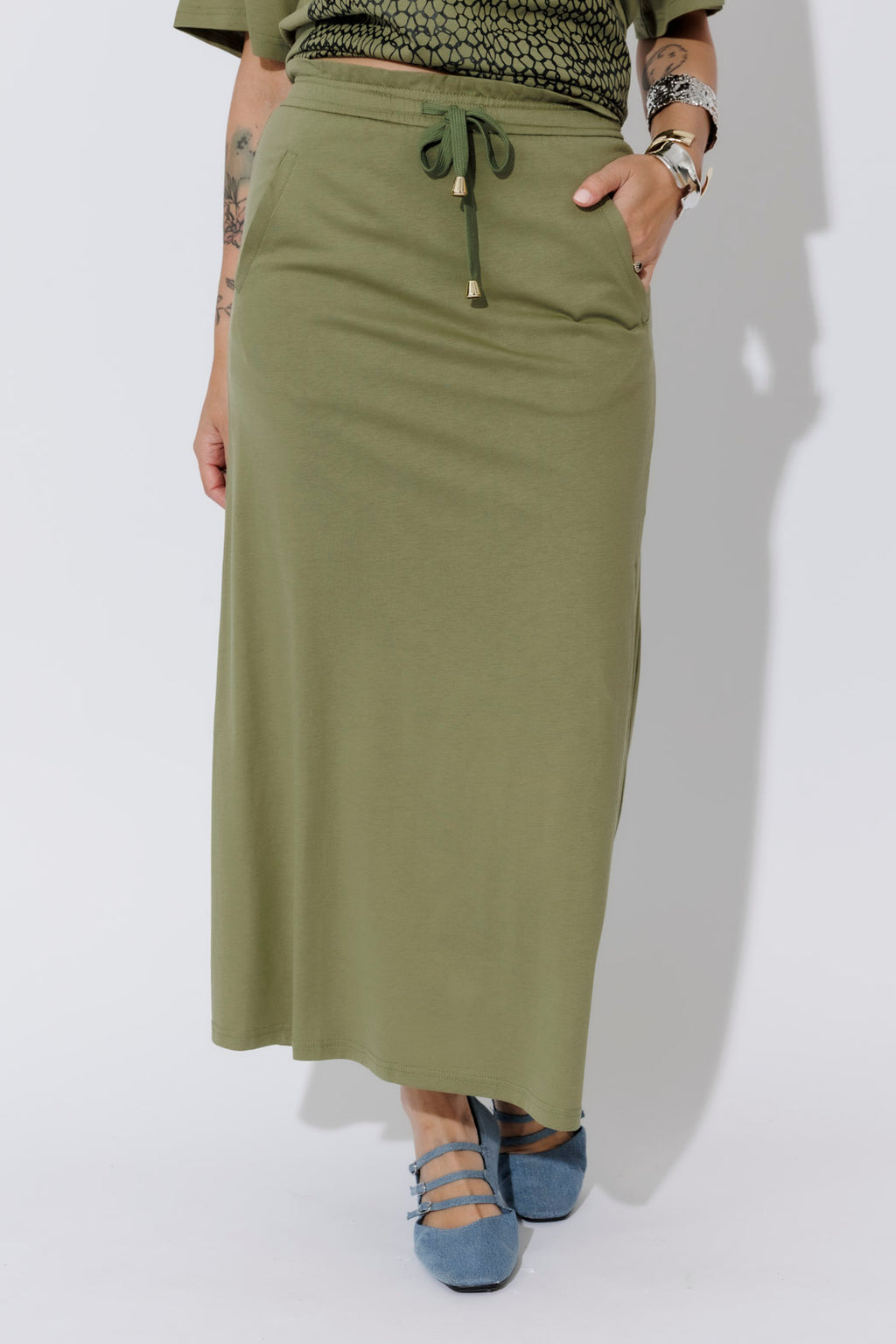 Khaki Cotton Nautical Drawstring Skirt