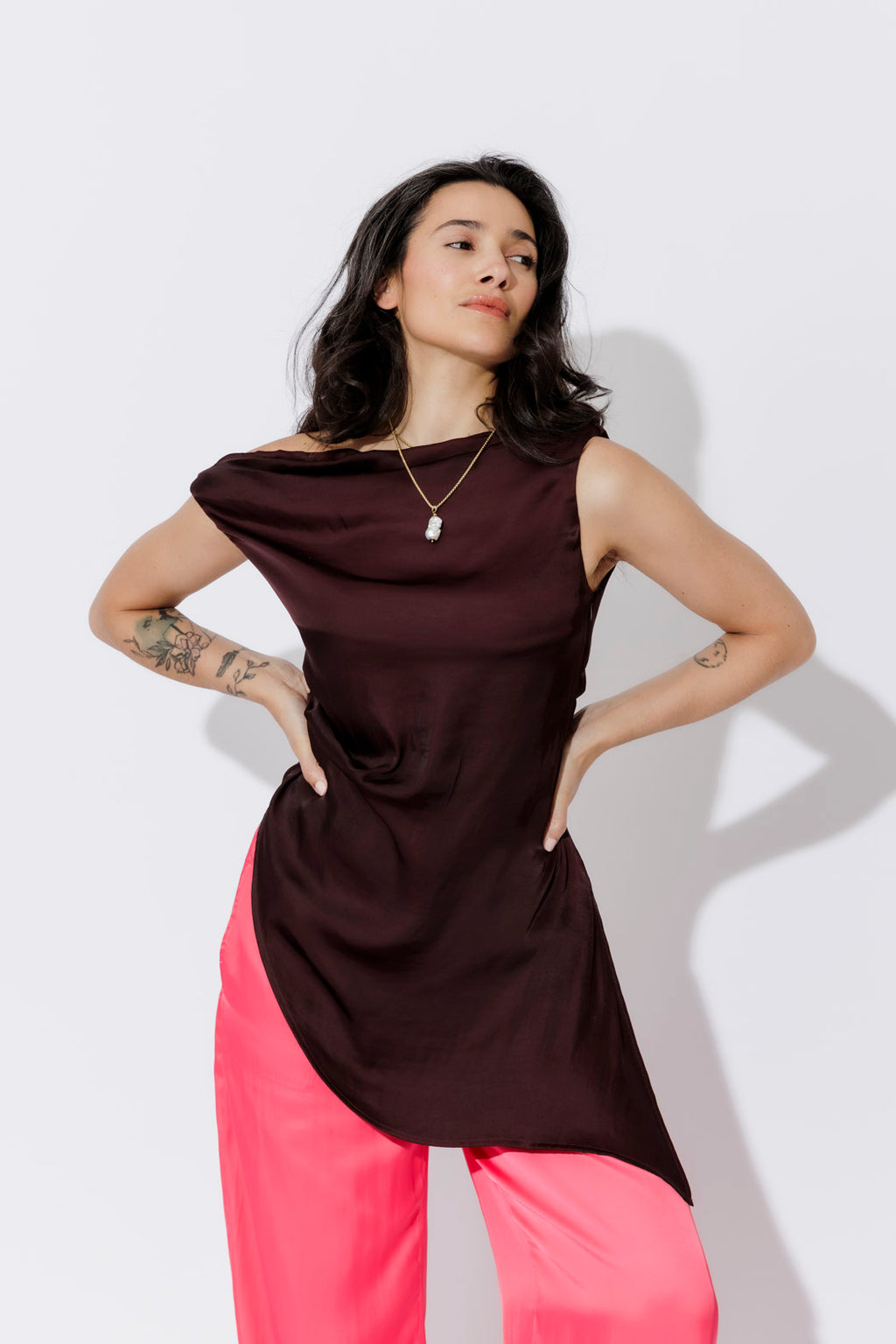 Chocolate Glow Silky Drape Top