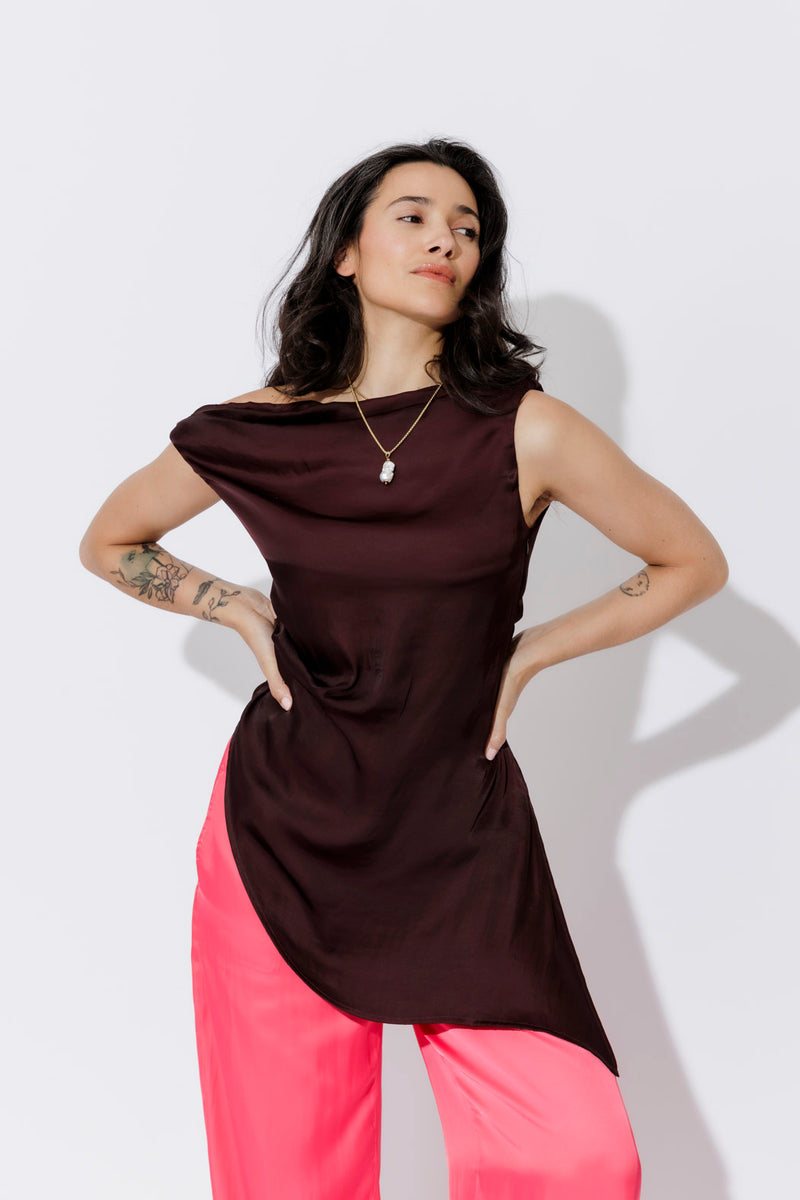 Chocolate Glow Silky Drape Top