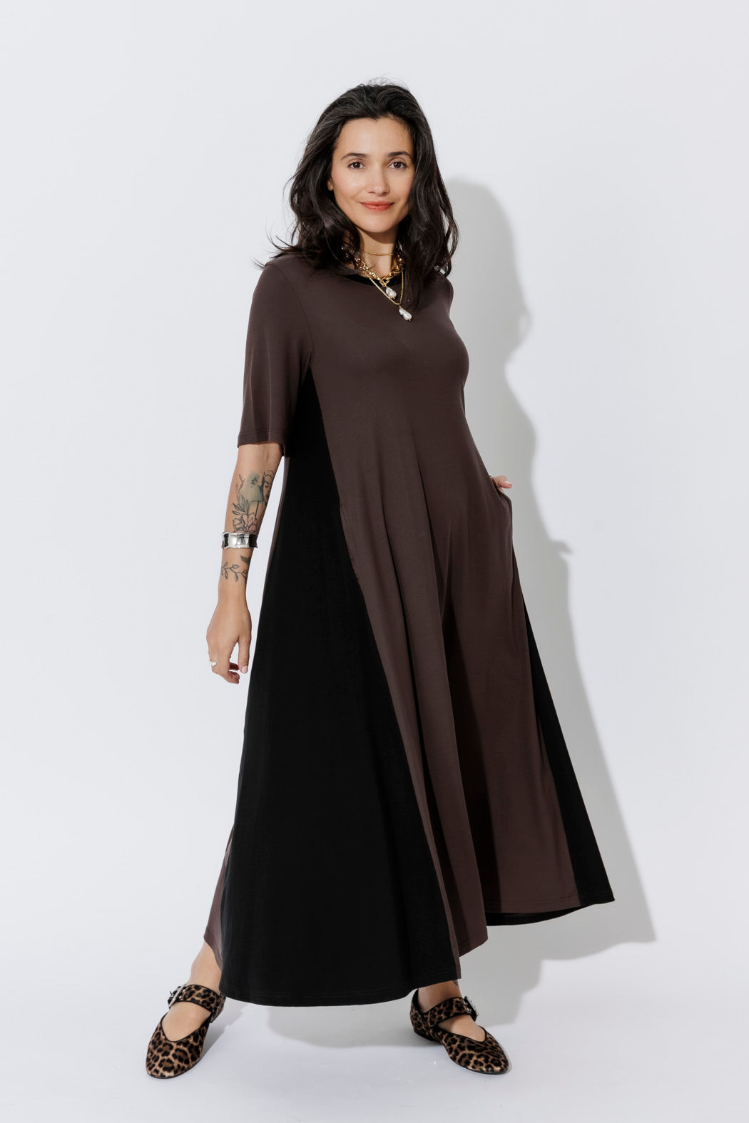 Chocolate Tencel Bella Dress in a fluid colour-block A-line, styled with leopard flats for effortless, elevated work-wear.