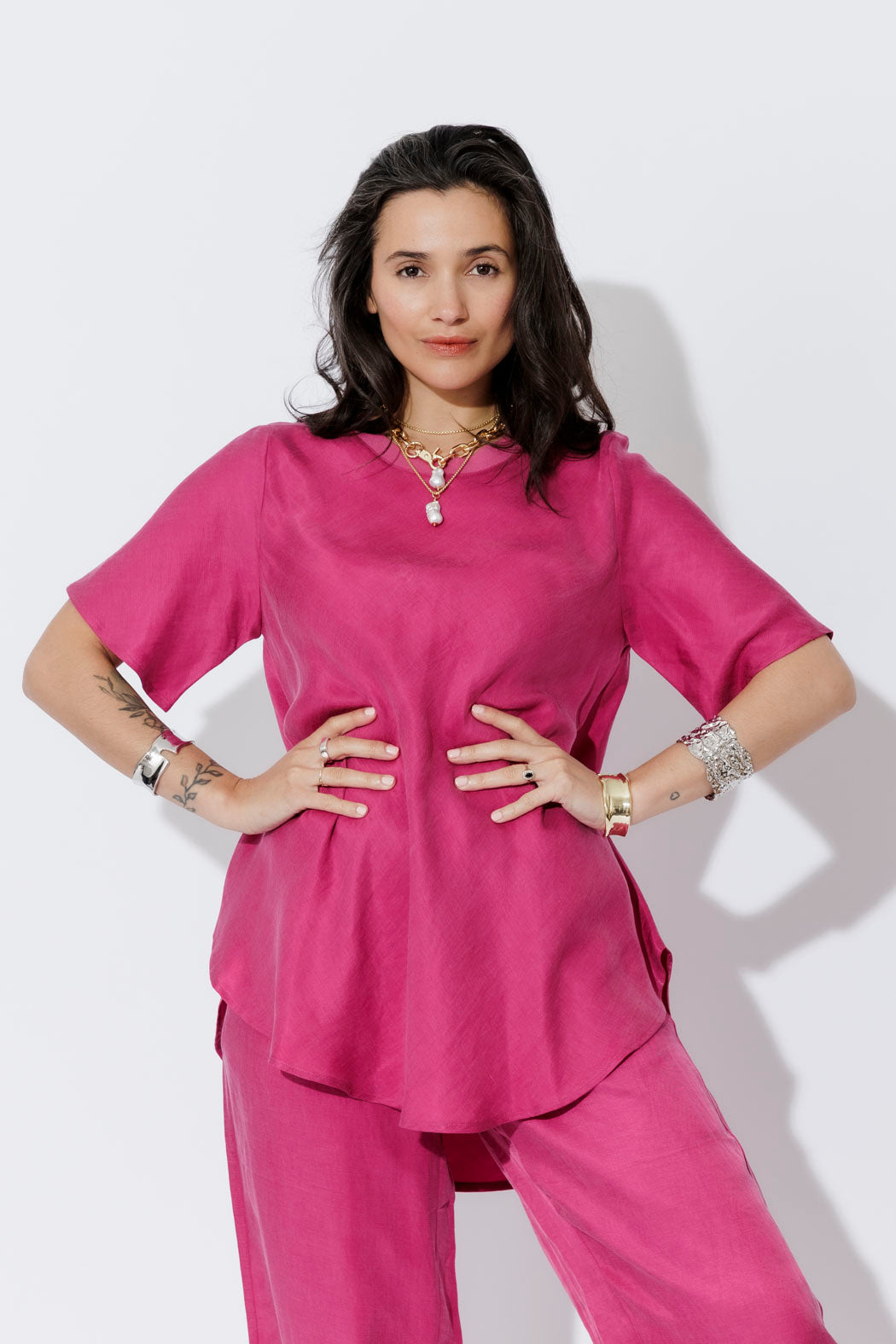 Raspberry Cupro/Linen Bias Top