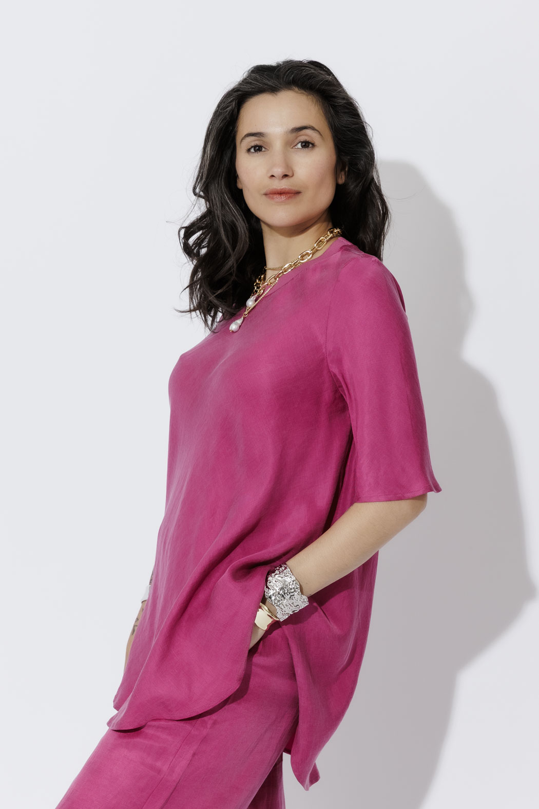 Raspberry Cupro/Linen Bias Top