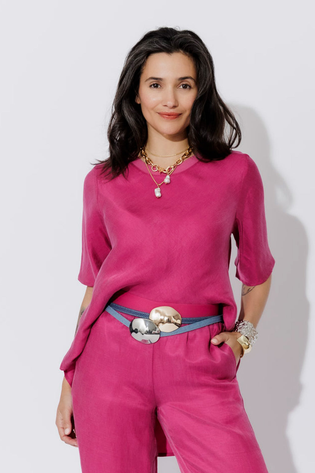 Raspberry Cupro/Linen Bias Top