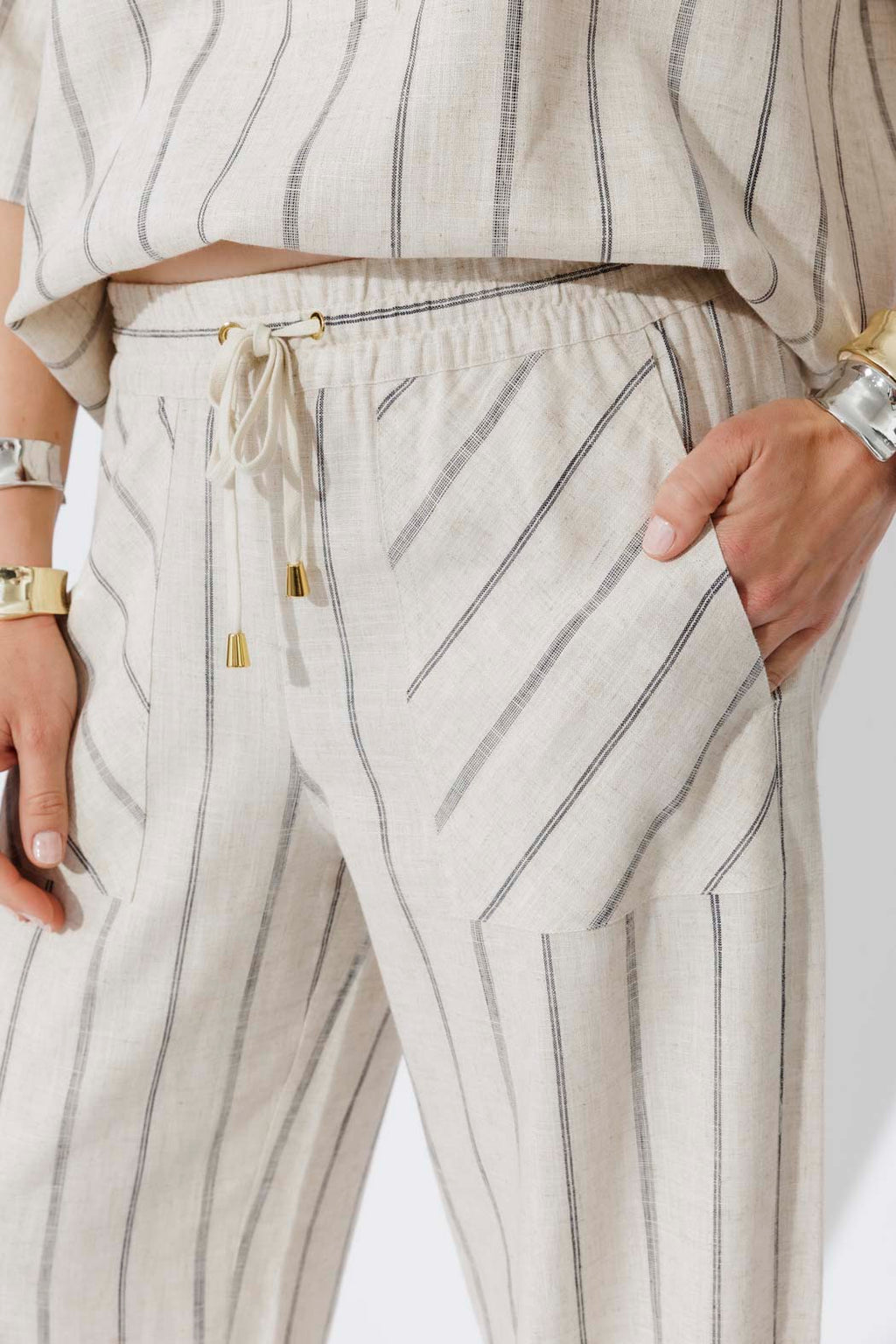 Oatmeal/Navy Linen Pant