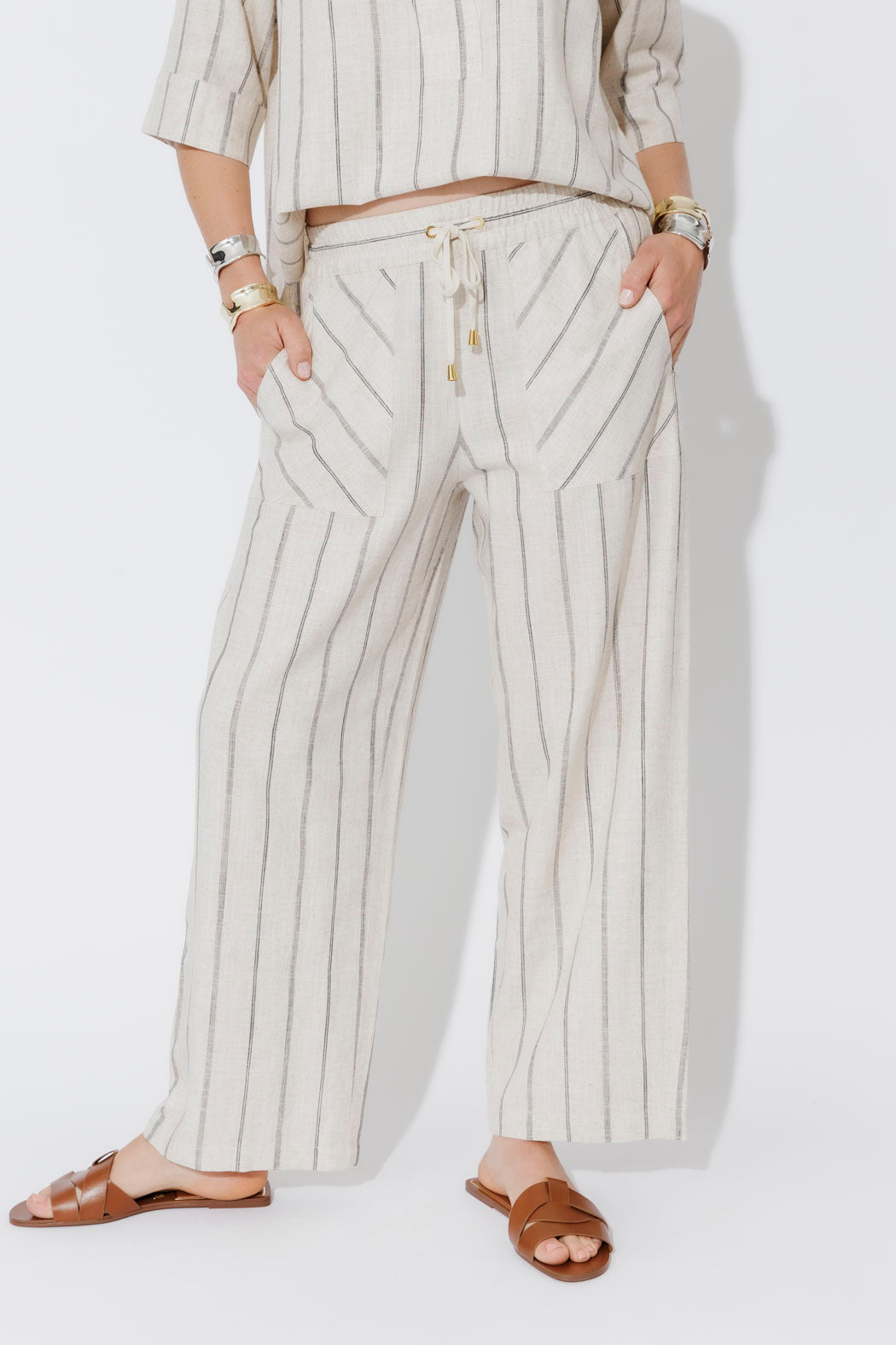 Oatmeal/Navy Linen Pant