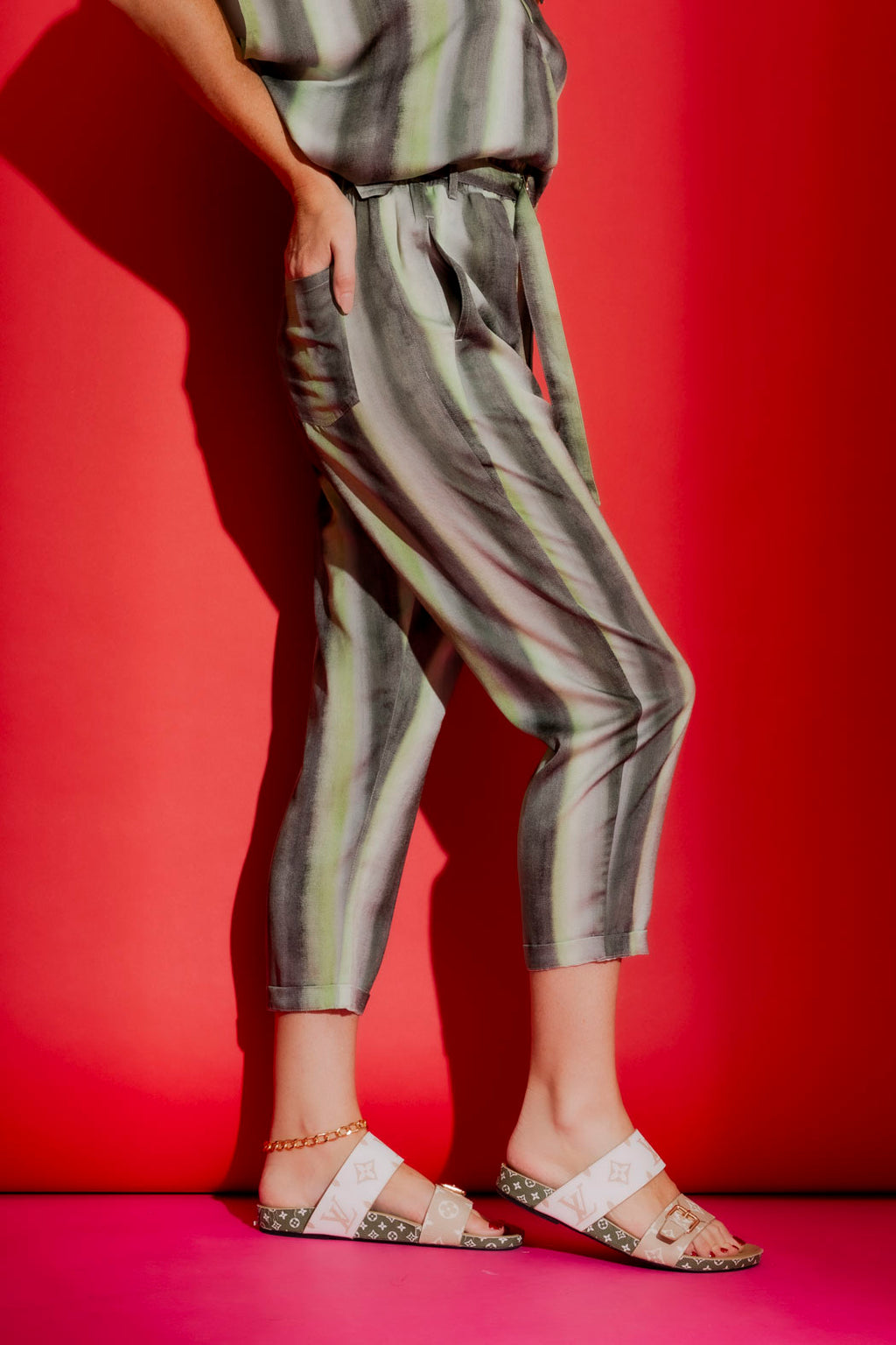 Green Print Paperbag Pant
