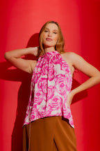Pink Floral Tie Neck Top Pink Floral