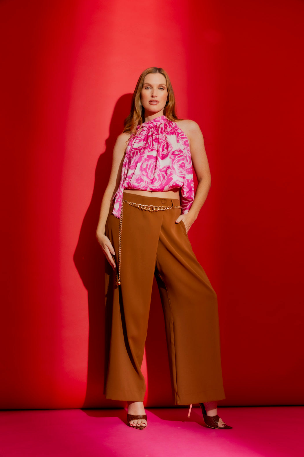 Pink Floral Tie Neck Top Pink Floral