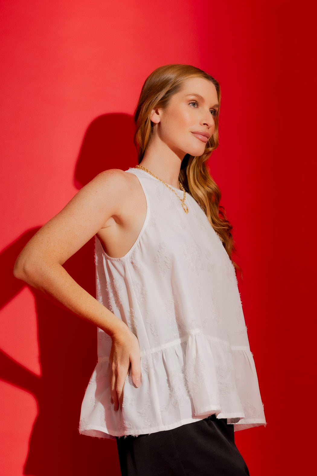 White Embossed Frill Top