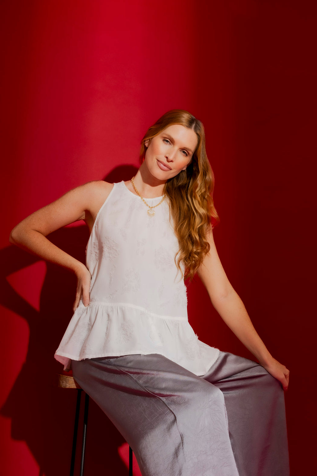 White Embossed Frill Top