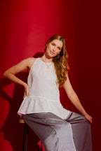 White Embossed Frill Top