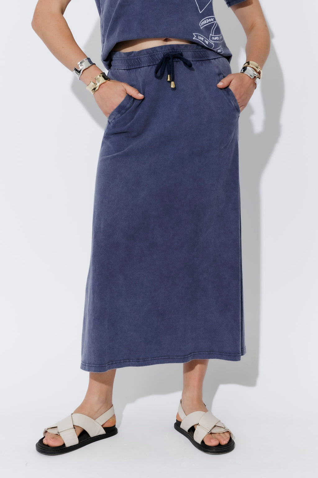 Navy Washed Cotton Drawstring Skirt