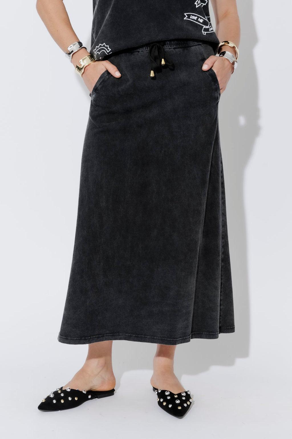 Charcoal Washed Cotton Drawstring Skirt