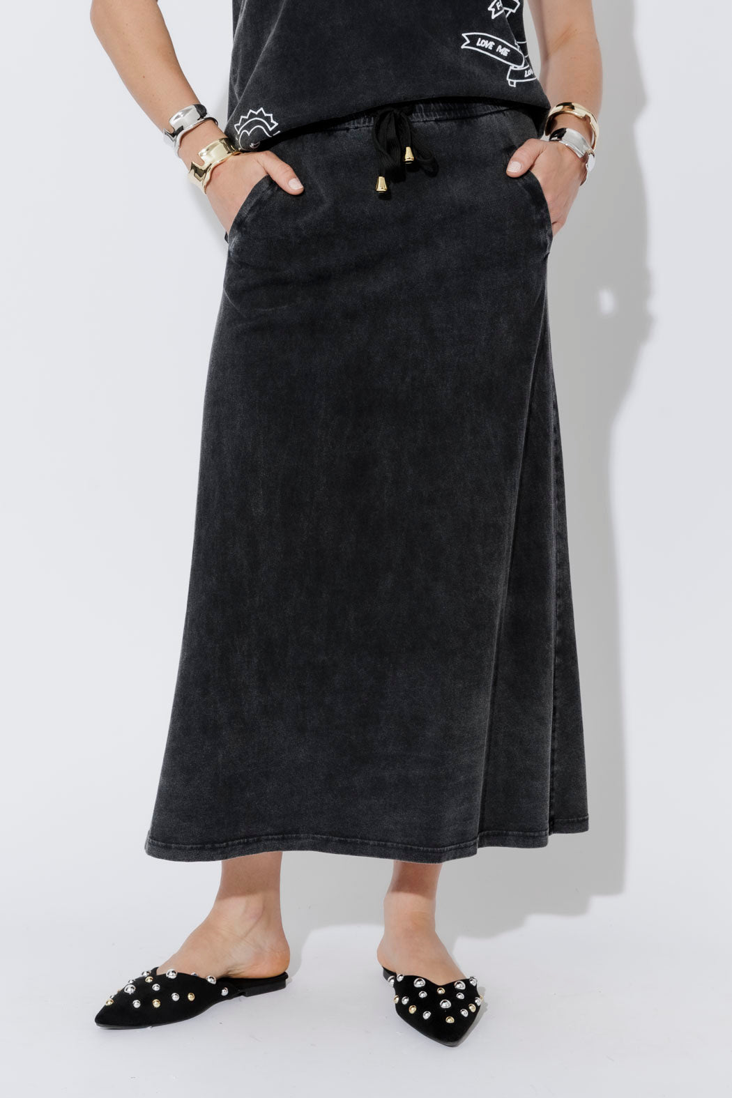 Charcoal Washed Cotton Drawstring Skirt