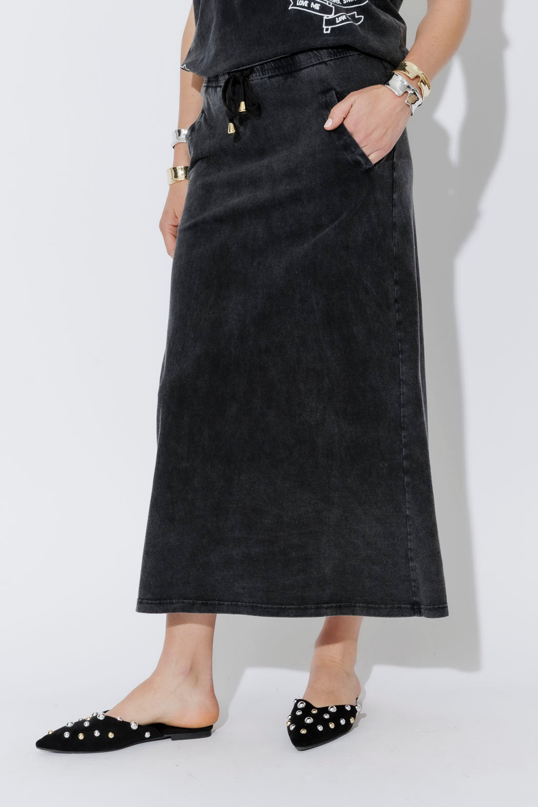Charcoal Washed Cotton Drawstring Skirt
