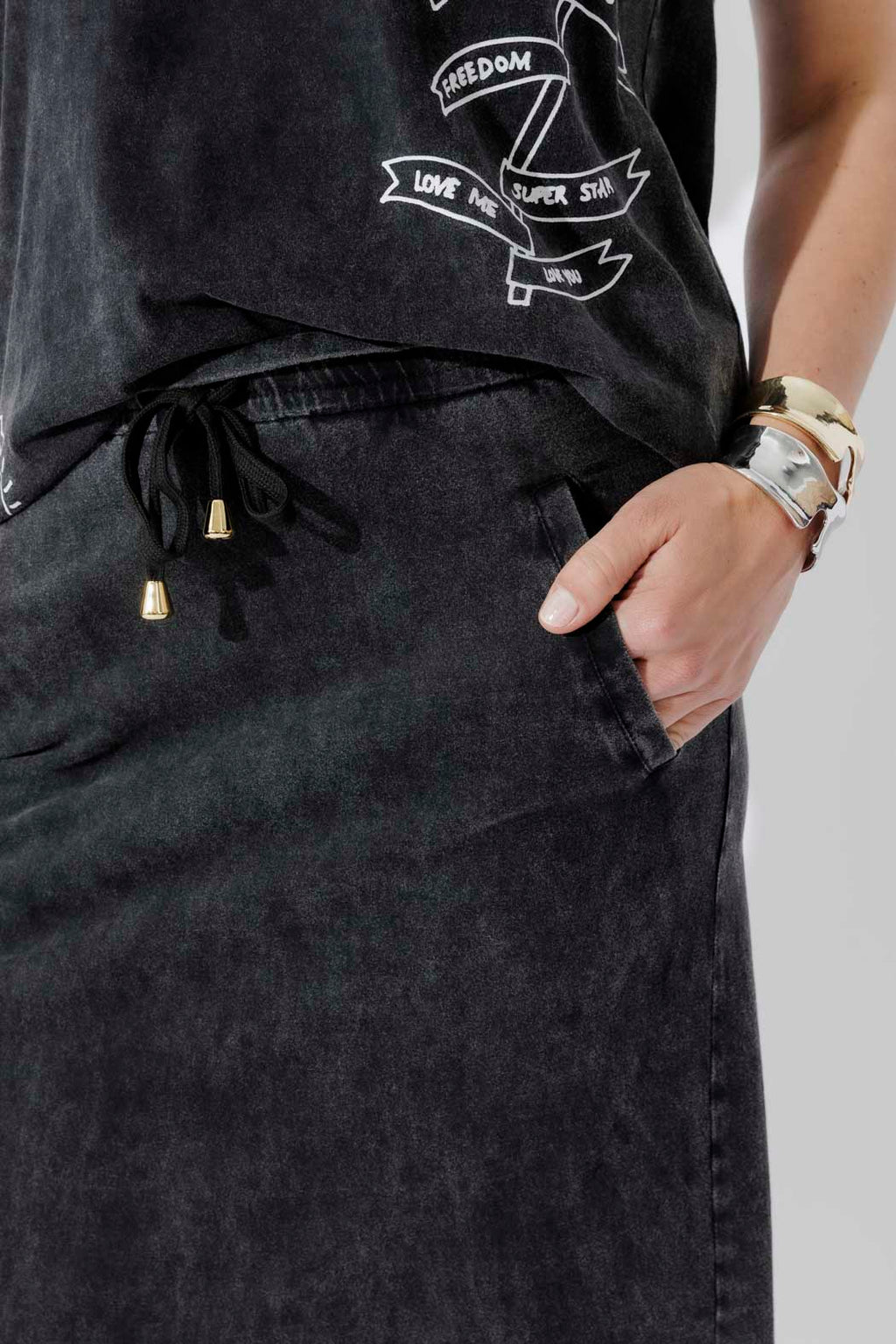 Charcoal Washed Cotton Drawstring Skirt