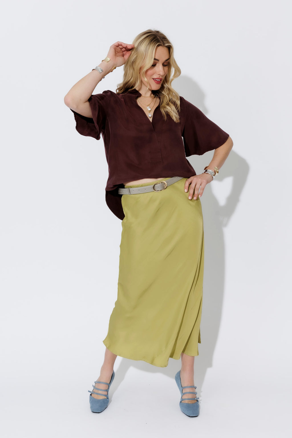 Chocolate Cupro Fluted Blogger Shirt