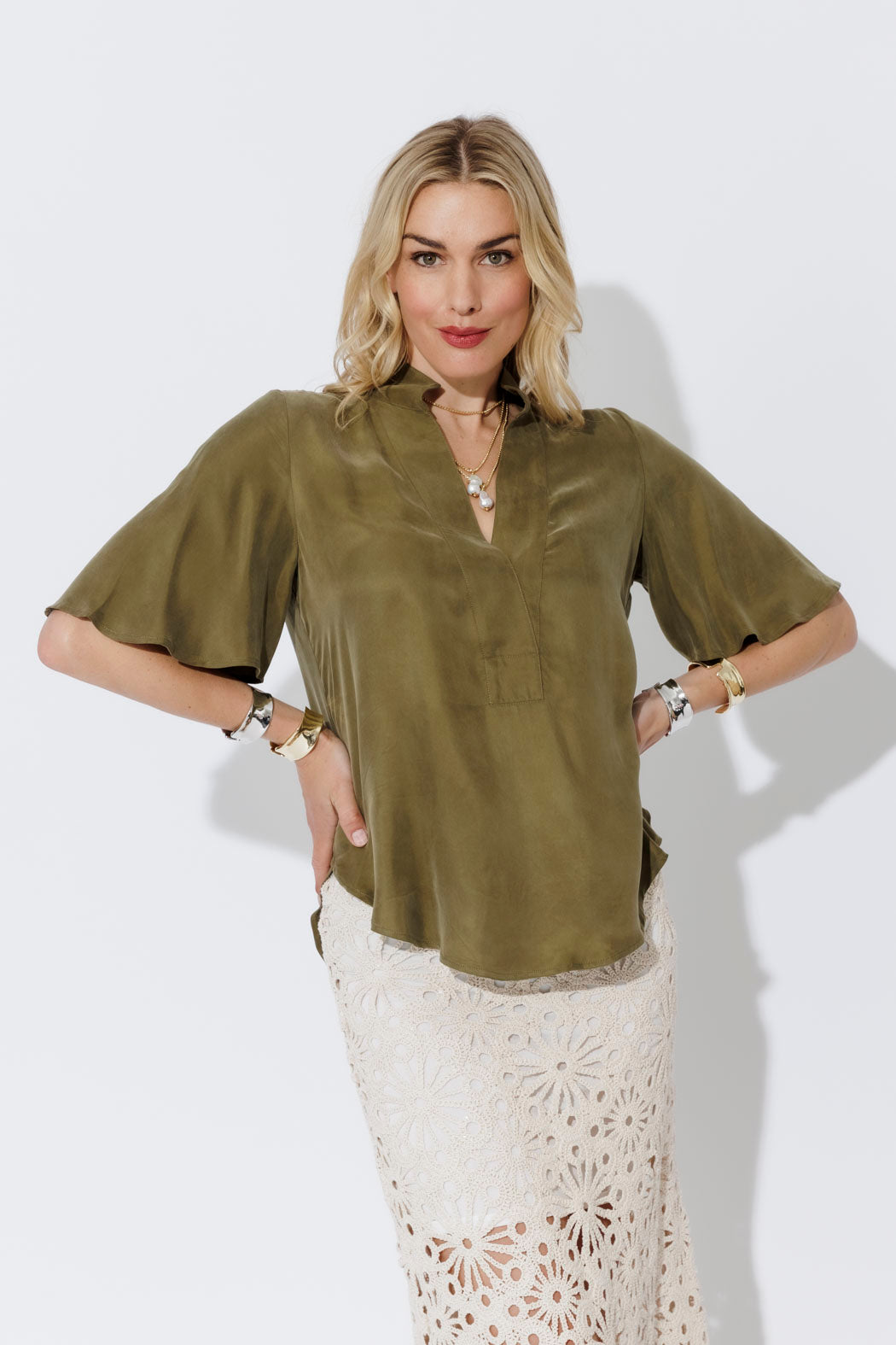 Soft Khaki Cupro Fluted Blogger Shirt